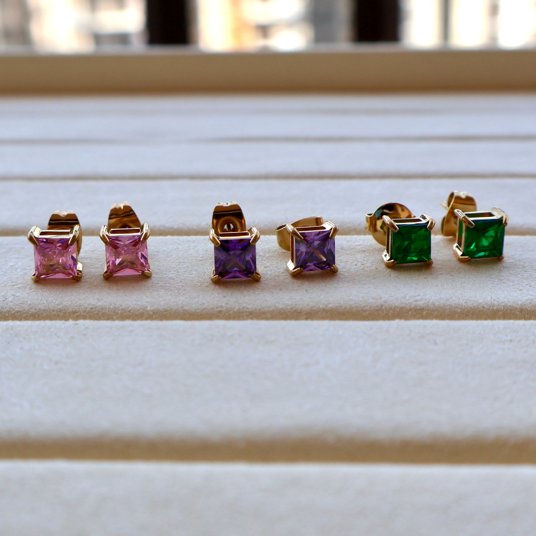 18K Gold Plated Princess Cut Stud Earrings Carryallco