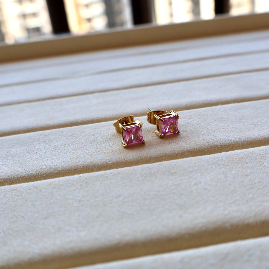 18K Gold Plated Princess Cut Stud Earrings Carryallco
