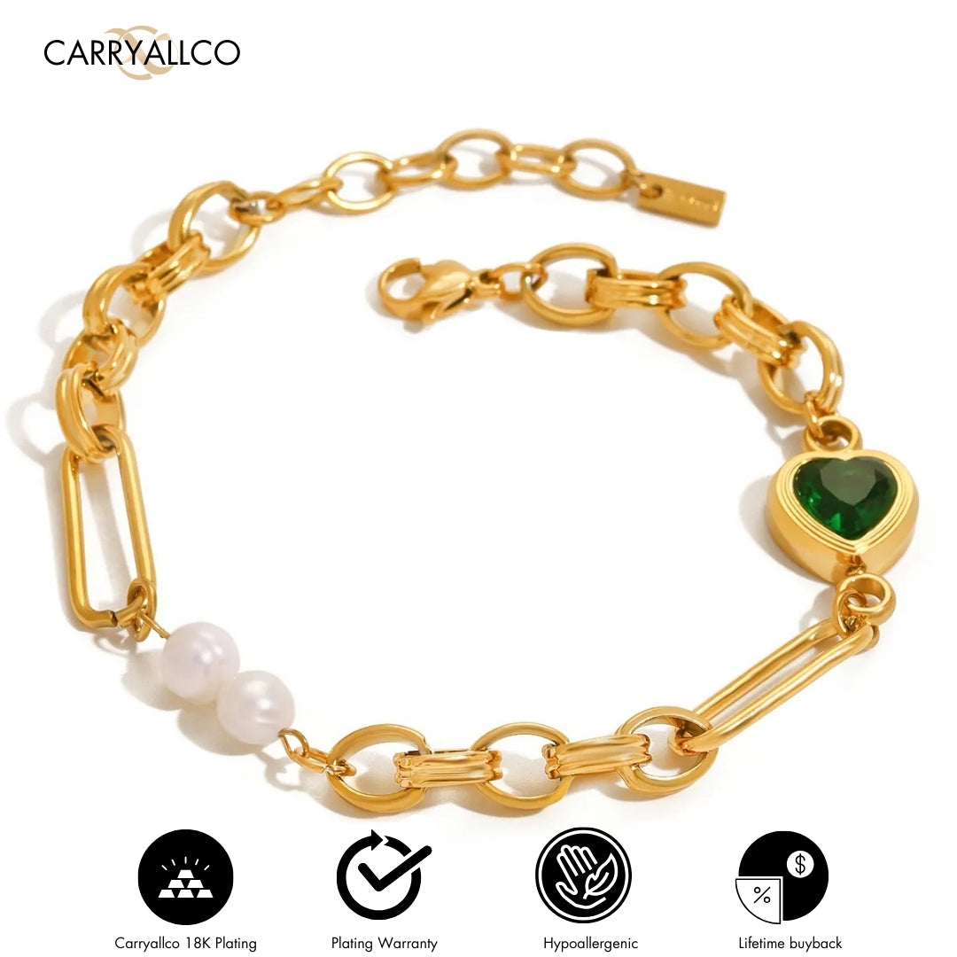 18K Gold Plated Freshwater Pearl & Green Heart Bracelet