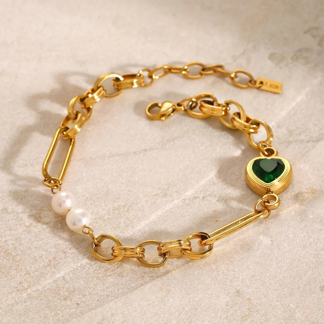 18K Gold Plated Freshwater Pearl & Green Heart Bracelet