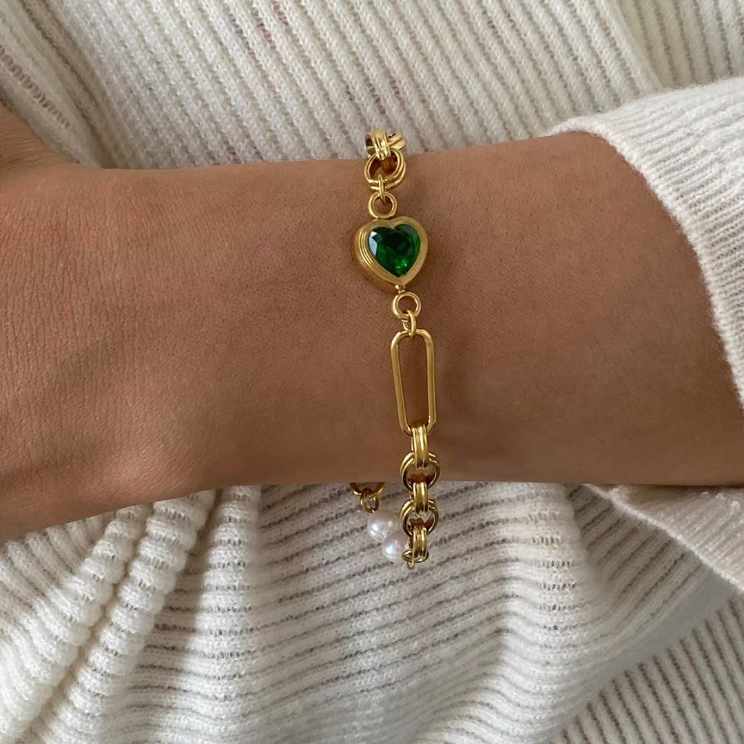 18K Gold Plated Freshwater Pearl & Green Heart Bracelet
