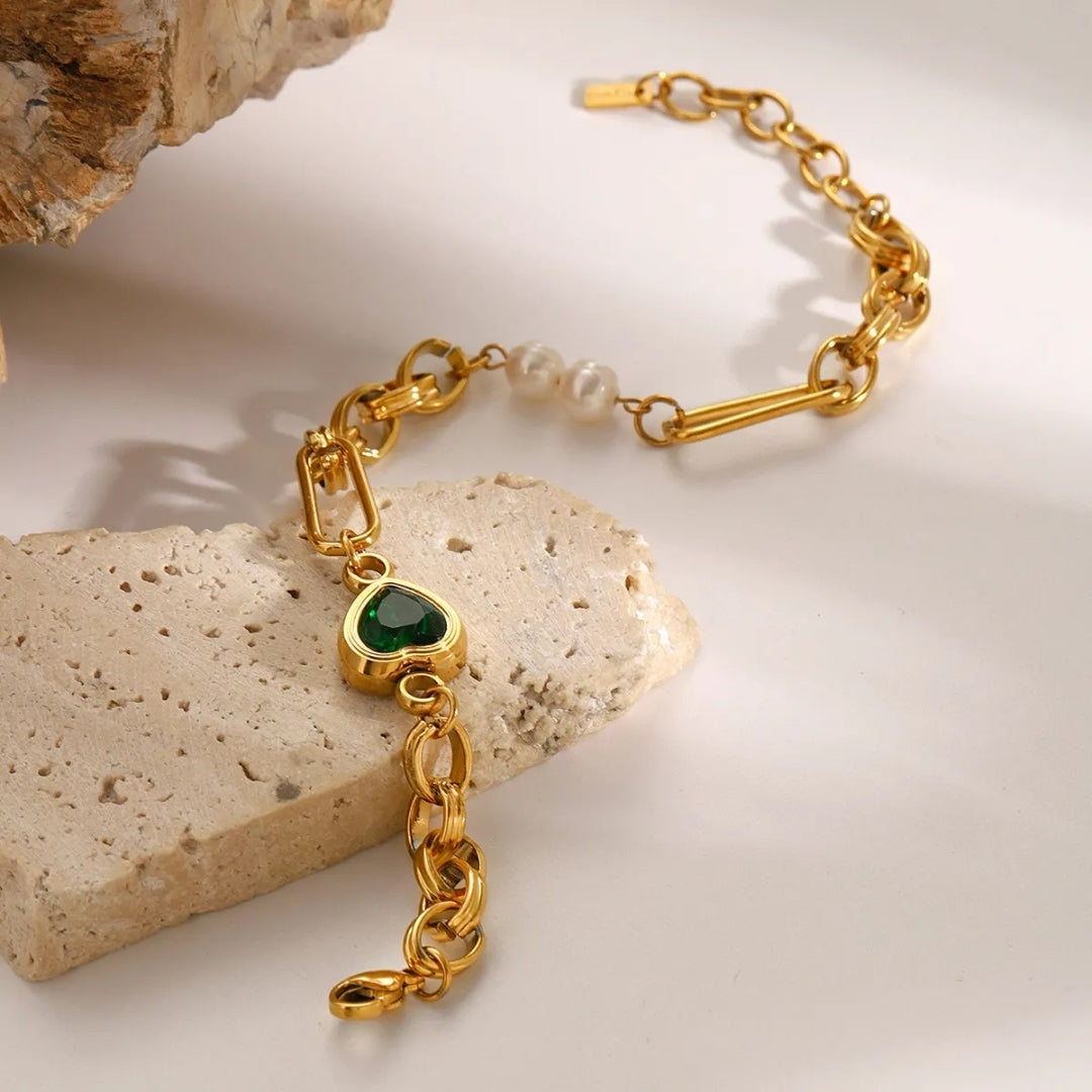 18K Gold Plated Freshwater Pearl & Green Heart Bracelet