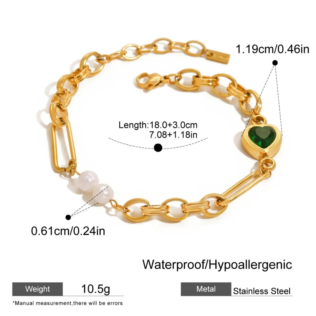 18K Gold Plated Freshwater Pearl & Green Heart Bracelet