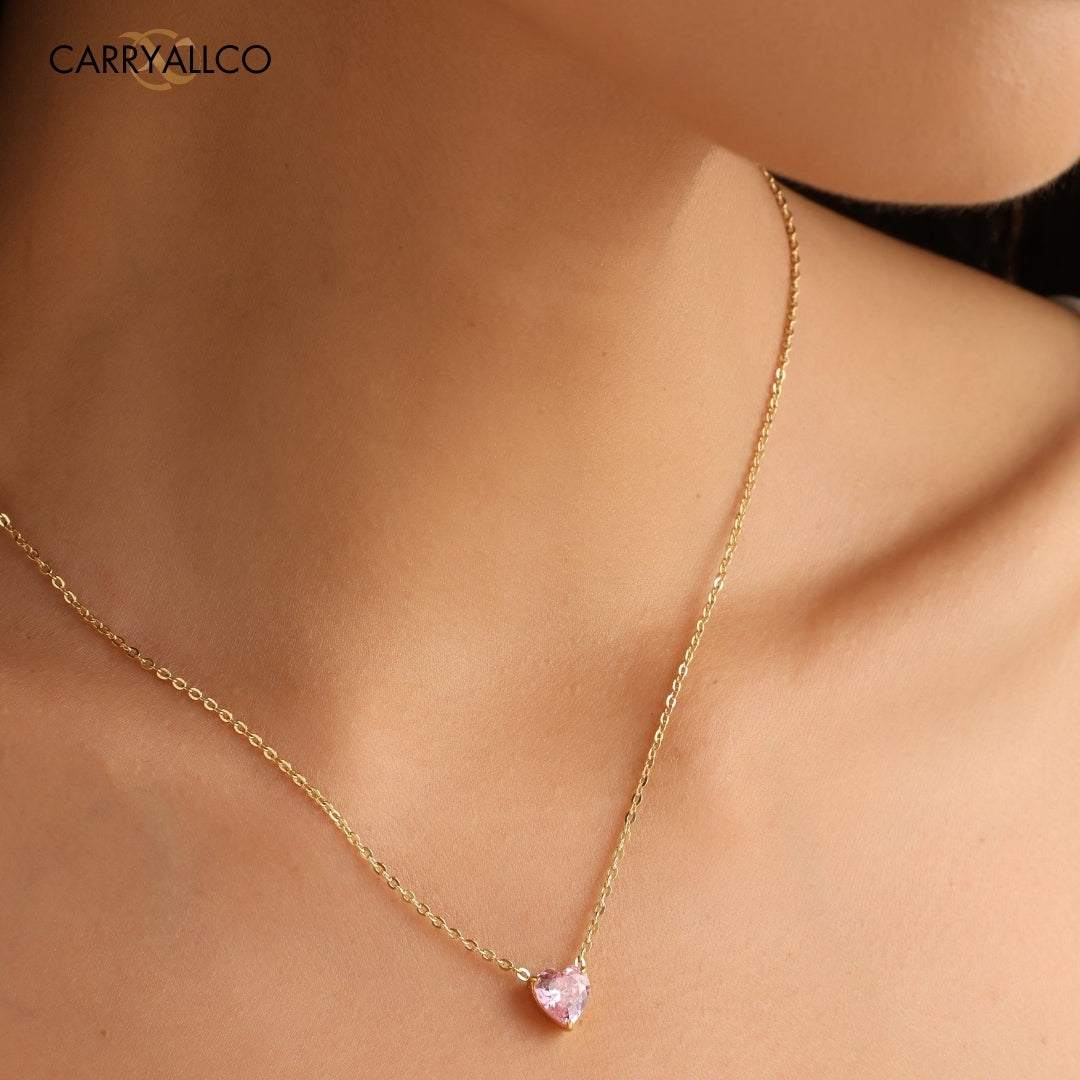 18K Gold-Plated Pink Heart Crystal Necklace & Earring Set Carryallco