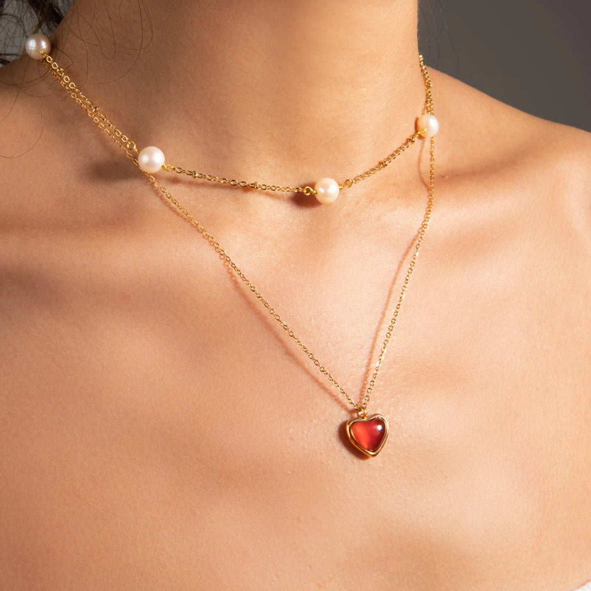 18K Gold-Plated Red Agate Heart & Pearl Jewelry Set
