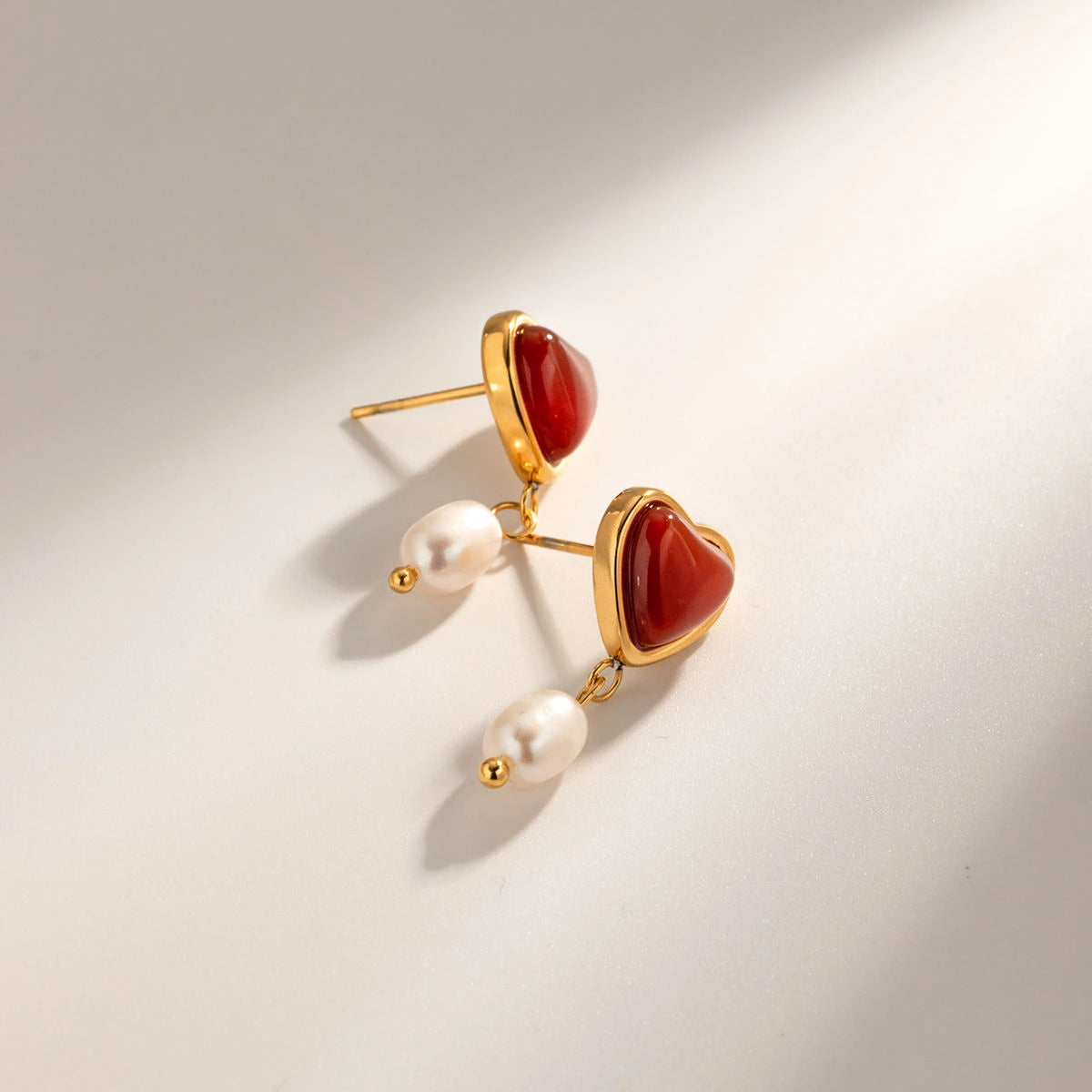 18K Gold-Plated Red Agate Heart & Pearl Jewelry Set