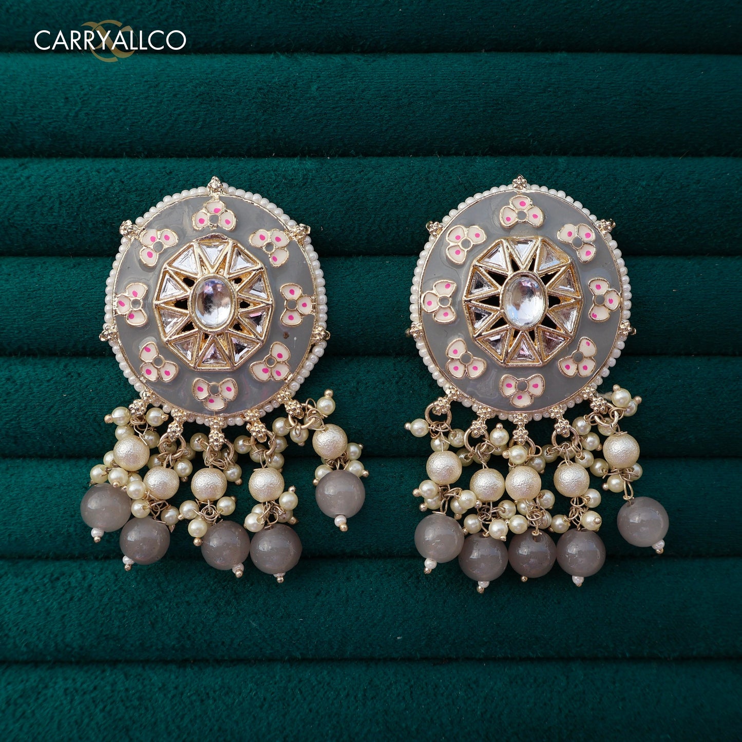 Carryallco Grey Meenakari Elegance with White Pearl Earring