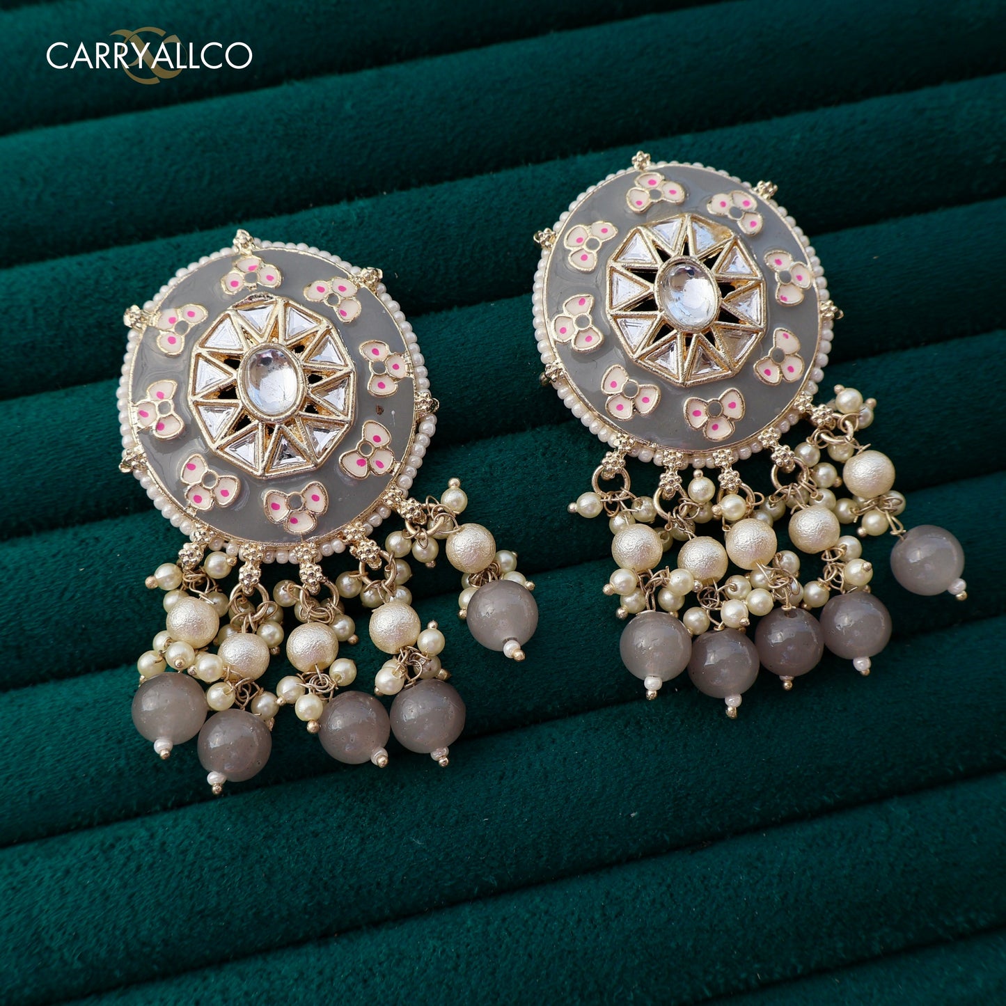 Carryallco Grey Meenakari Elegance with White Pearl Earring