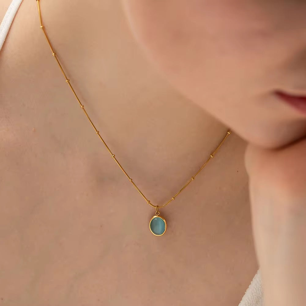 Carryallco 18K Gold Bead Chain Blue Stone Necklace