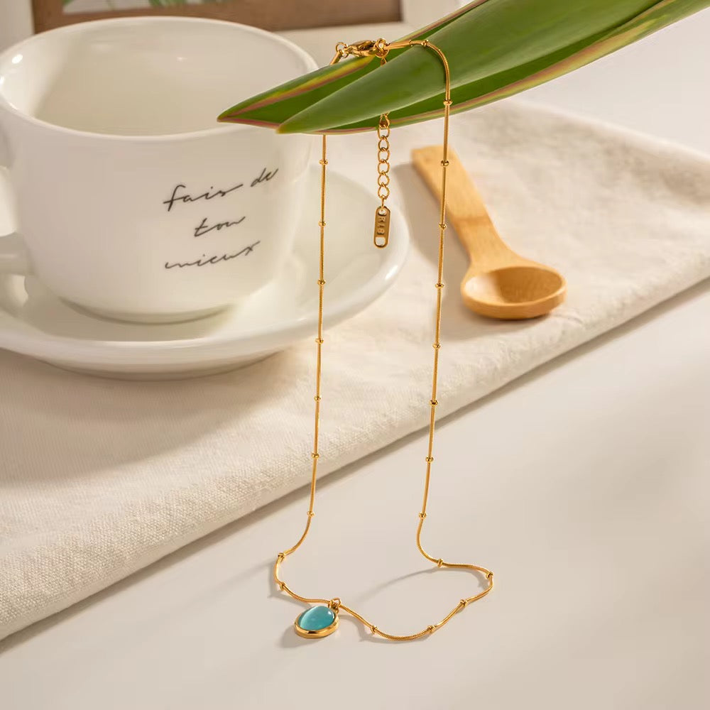 Carryallco 18K Gold Bead Chain Blue Stone Necklace