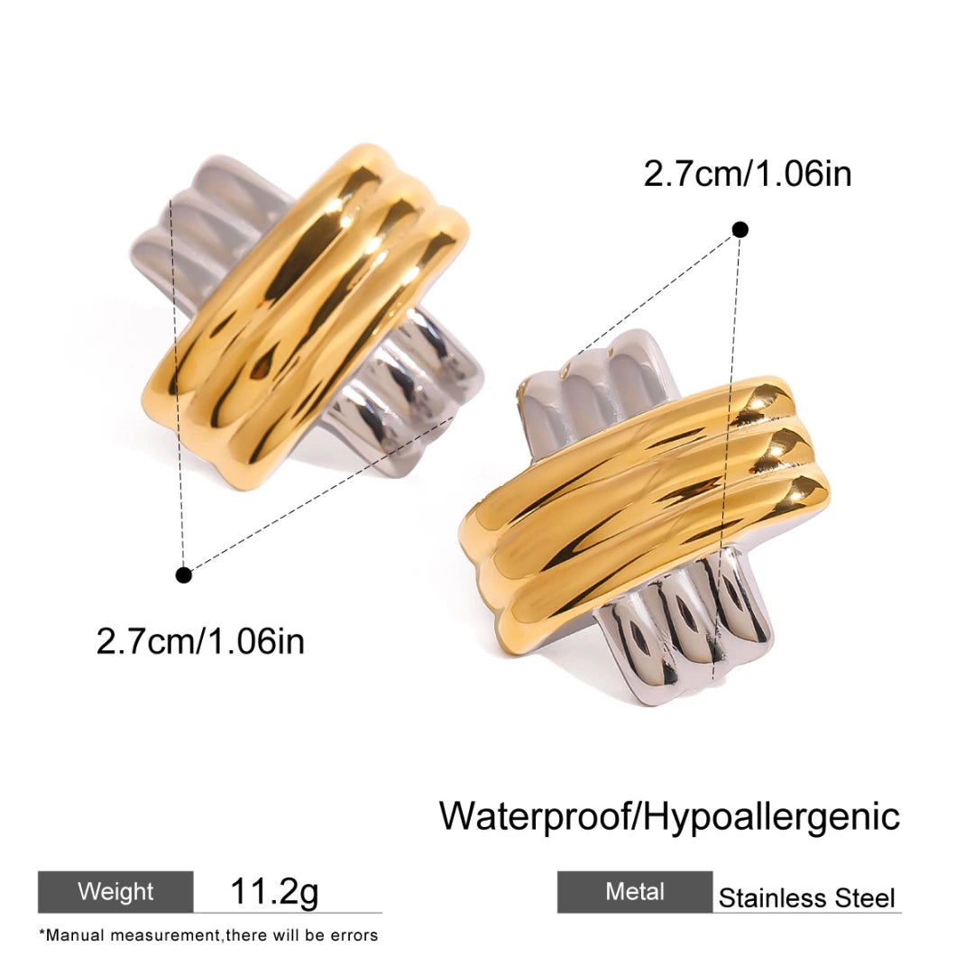 Gold and silver earrings with measurements and material details on a white background