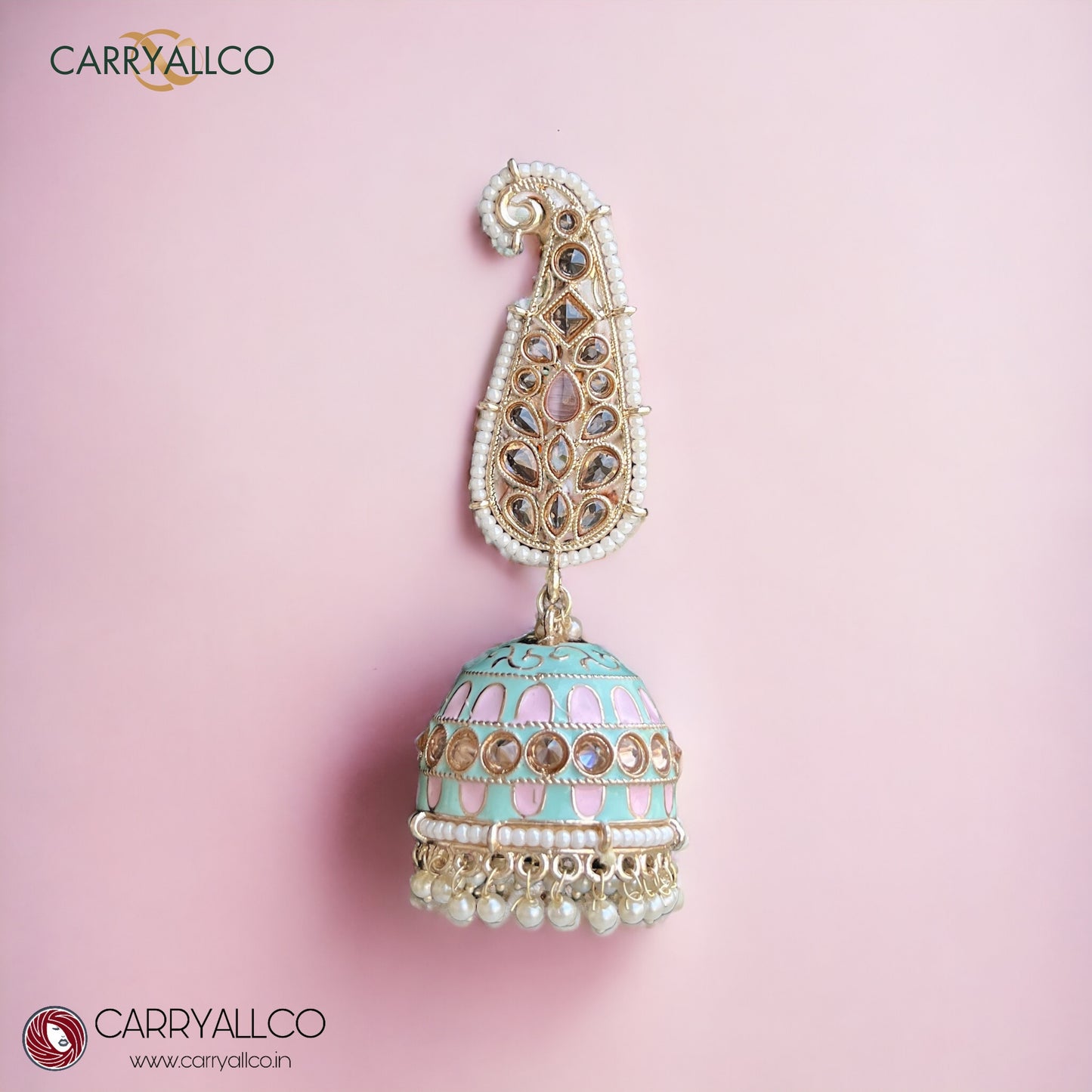 Carryallco Reverse AD Studed Lightweight Mint & Pink Latkan Meenakari Jhumkas