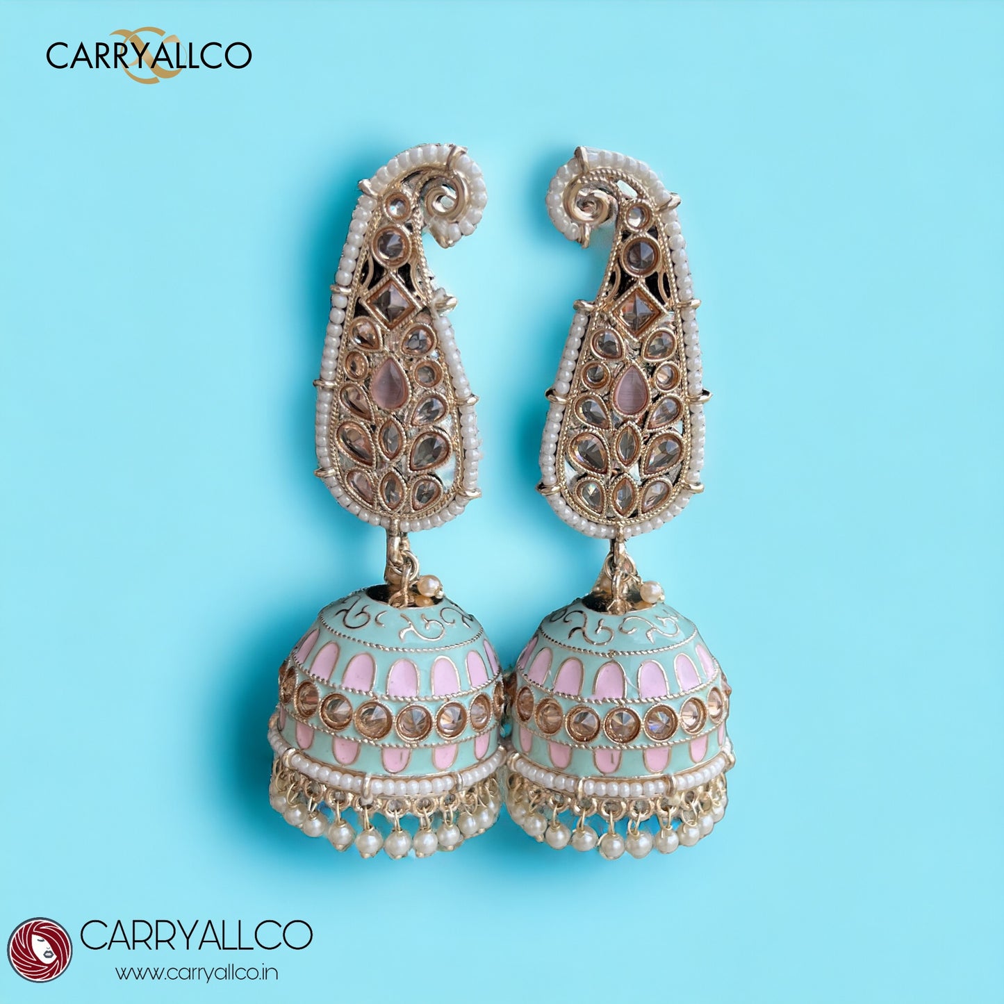 Carryallco Reverse AD Studed Lightweight Mint & Pink Latkan Meenakari Jhumkas