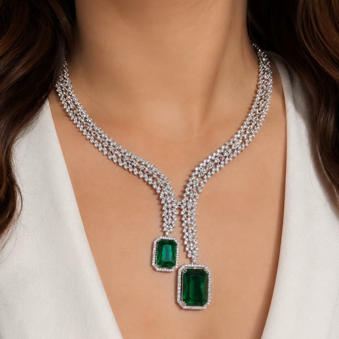 Crystal Leaf American Diamond Necklace Set – Emerald Green | CARRYALLCO