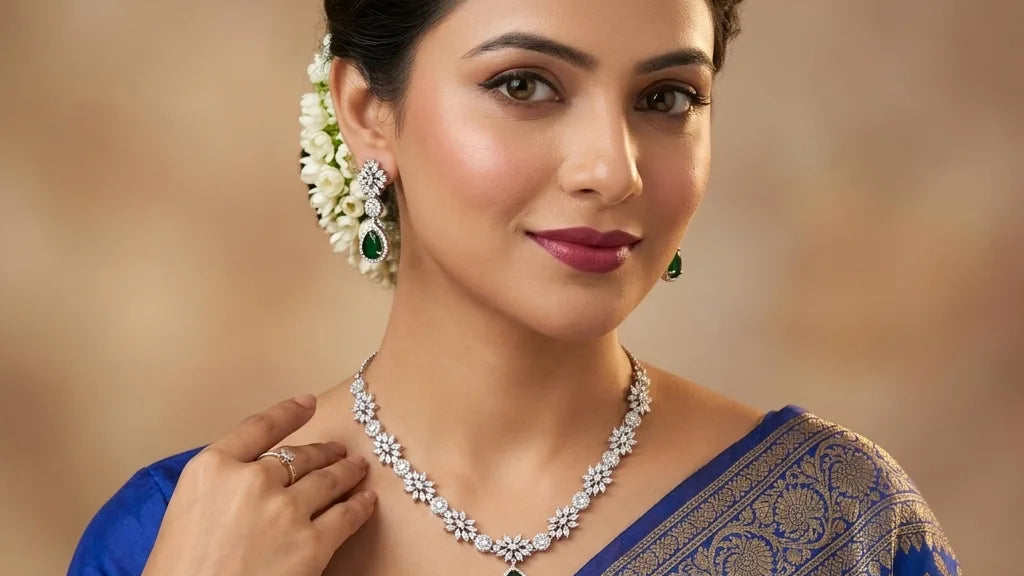 Navratri 2026 jewellery – American Diamond Floral Teardrop Necklace Set in festive colours | Carryallco