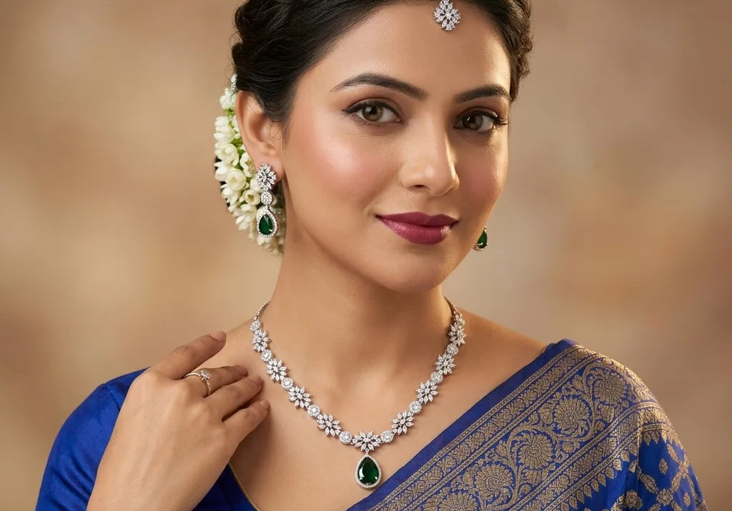 Navratri 2026 jewellery – American Diamond Floral Teardrop Necklace Set in festive colours | Carryallco