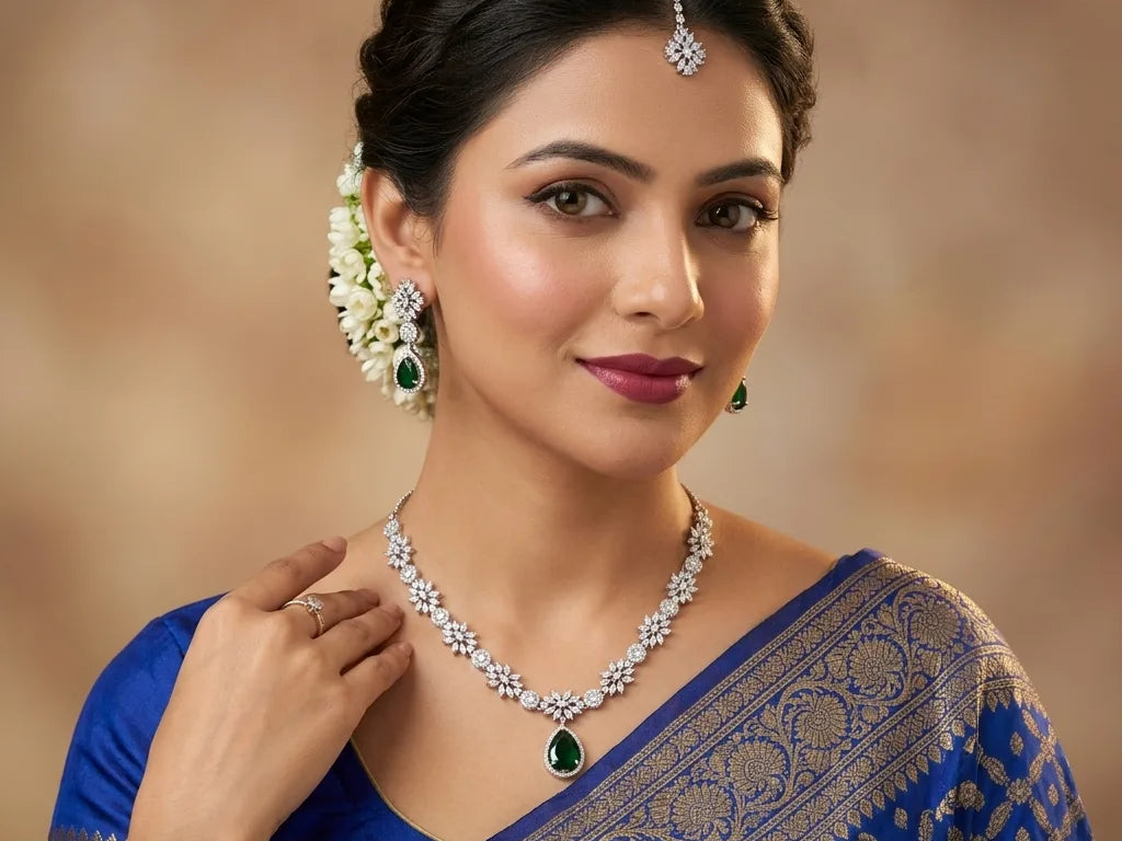 Navratri 2026 jewellery – American Diamond Floral Teardrop Necklace Set in festive colours | Carryallco