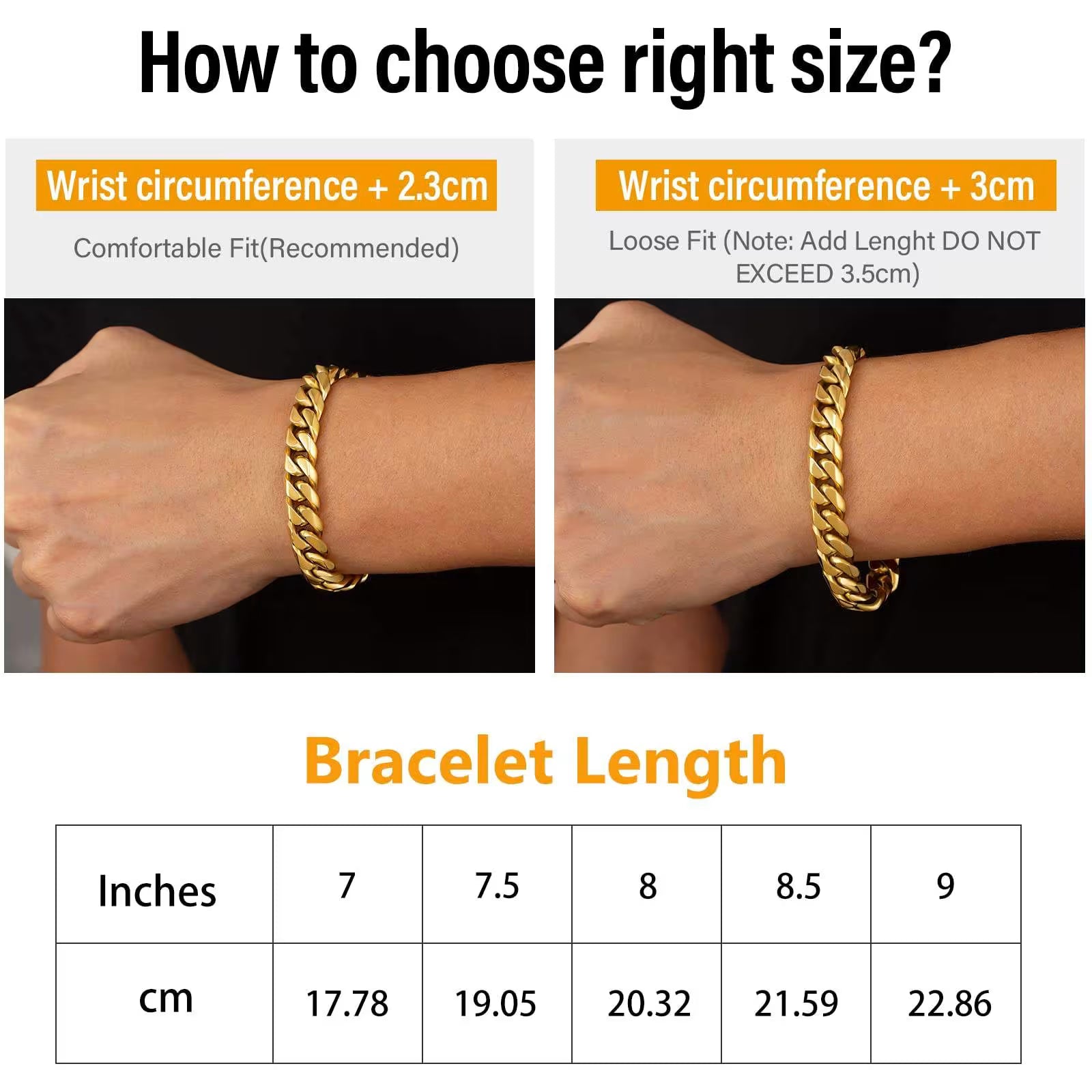 Size guide graphic for a gold chain bracelet, showing two wrist-fit examples with text instructions and a size conversion table from inches to centimeters.