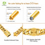 An infographic comparison graphic for a gold-plated chain bracelet, showing a 'CARRYALLOCO Jewelry Process' with 18k real gold plating and a 'Standard Manufacturing Process' with 14K gold plating. The top text states 'No color fading for at least 3-5 Years' and includes a sustainability badge.
