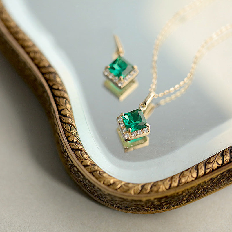 14K Gold Plated Emerald Green Gemstone Pendant Necklace