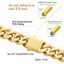 Gold-toned Cuban link chain bracelet with a tongue-shaped clasp, shown on a white background with explanatory text and small inset diagrams about plating and dimensions.