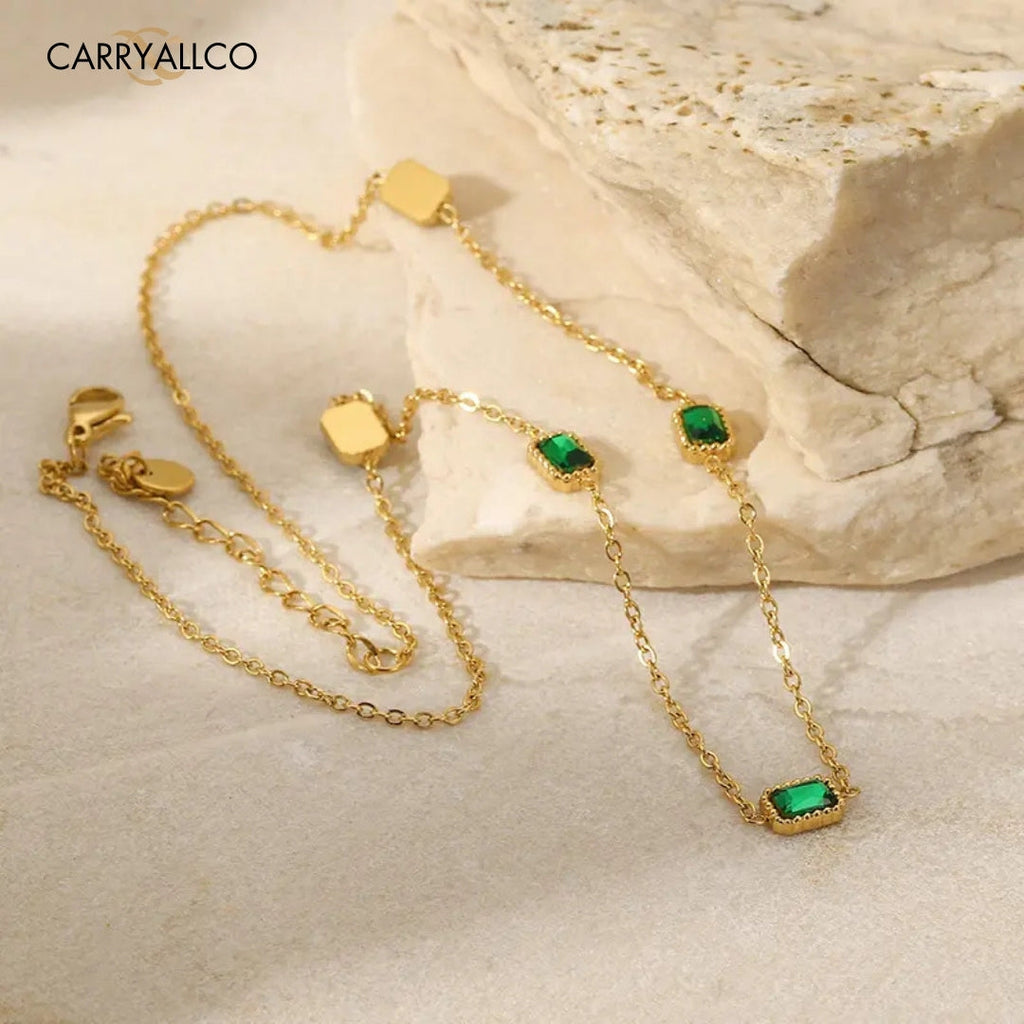 18K Gold-Plated Emerald Brilliant Cut Stone Necklace Carryallco