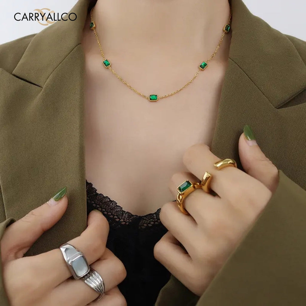 18K Gold-Plated Emerald Brilliant Cut Stone Necklace Carryallco