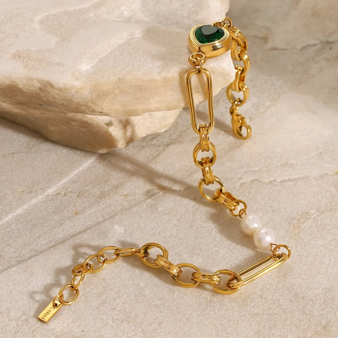 18K Gold Plated Freshwater Pearl & Green Heart Bracelet Carryallco