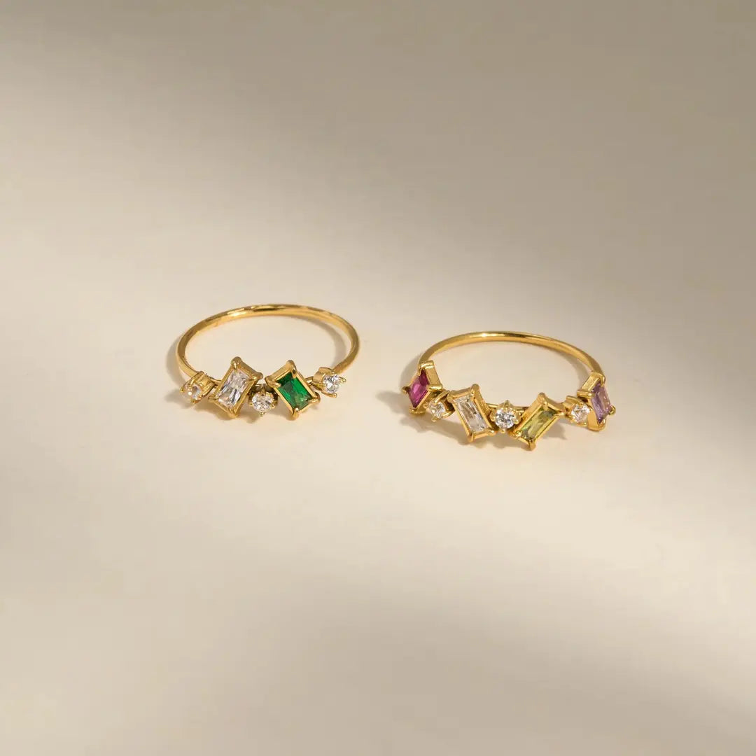 18K Gold Plated Green Stone Square Ring Set - CARRYALLCO