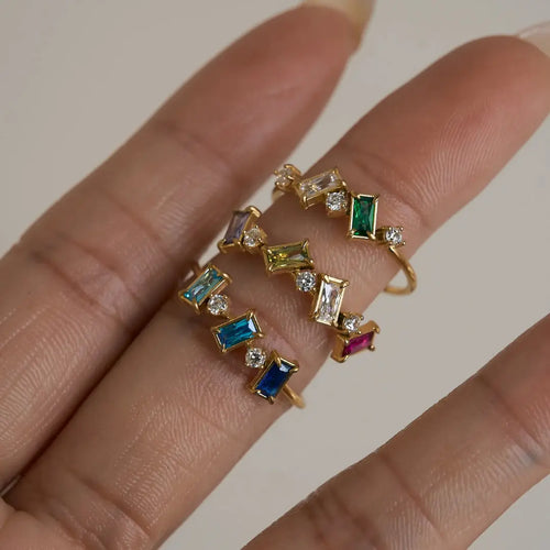 18K Gold Plated Green Stone Square Ring Set - CARRYALLCO