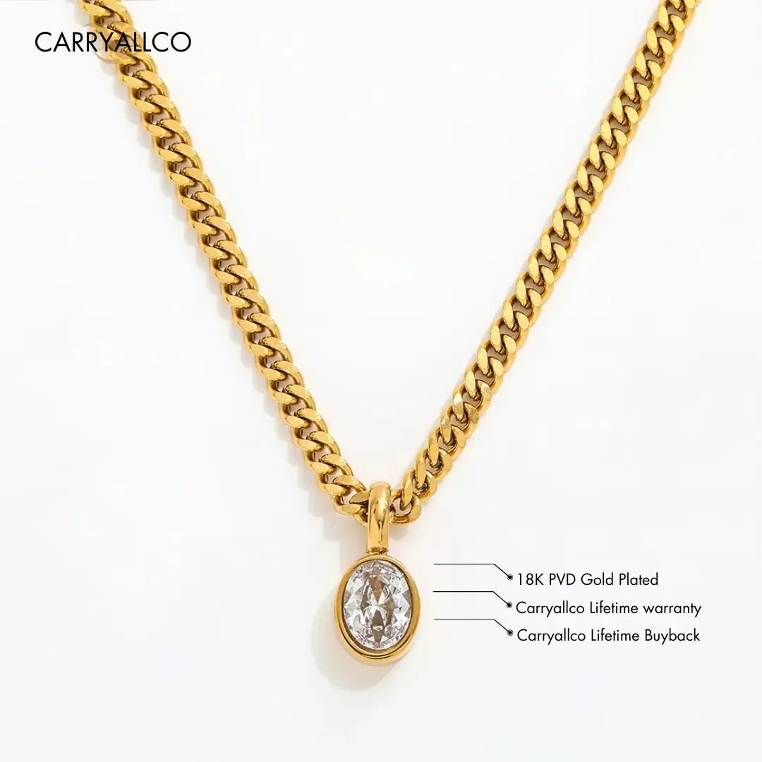 18K Gold Plated Oval Brilliant Cut Stone Pendant Necklace