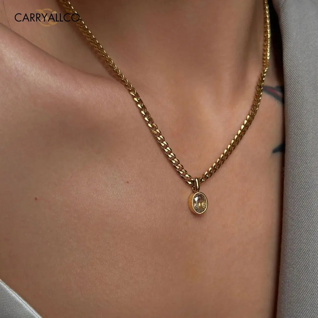 18K Gold Plated Oval Brilliant Cut Stone Pendant Necklace