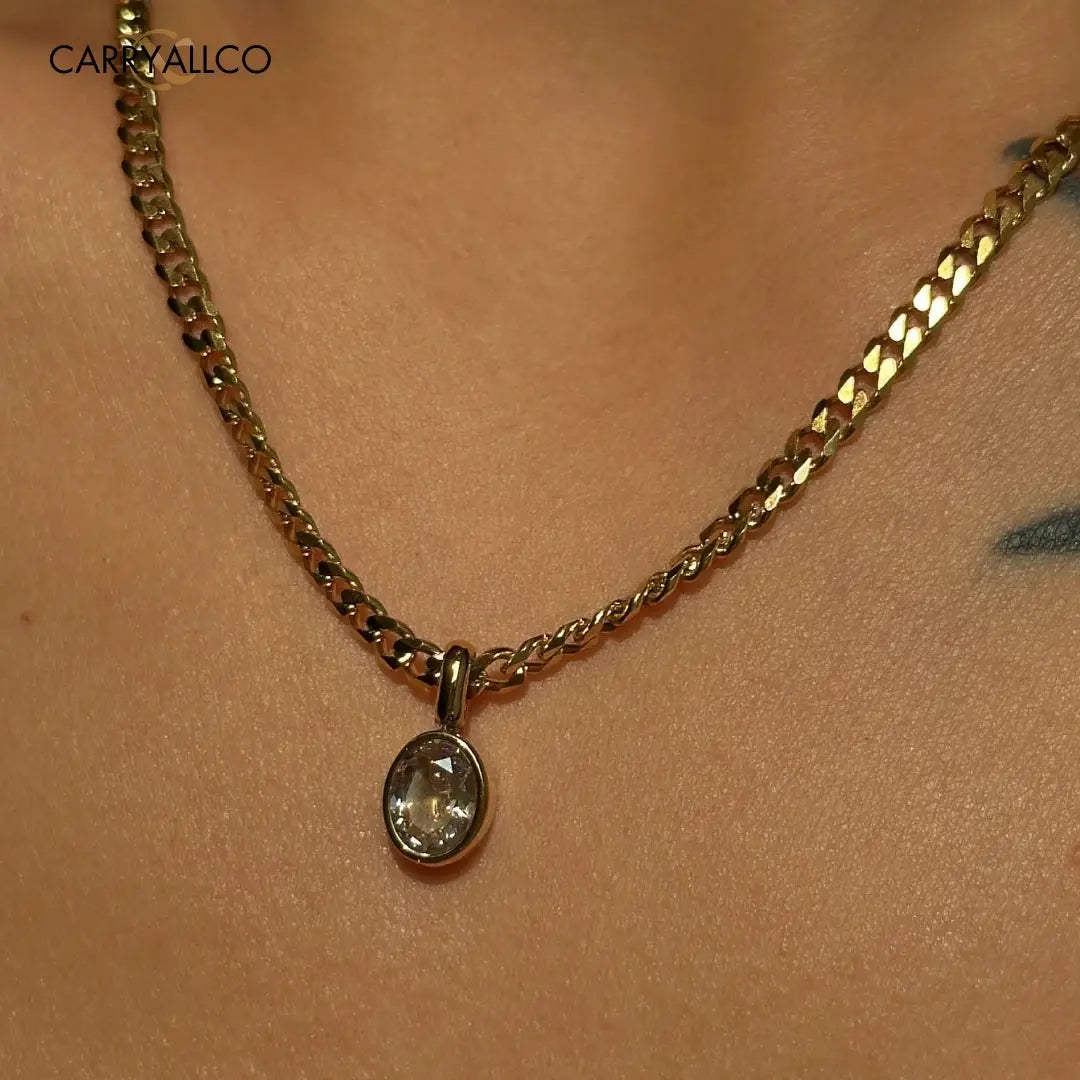 18K Gold Plated Oval Brilliant Cut Stone Pendant Necklace