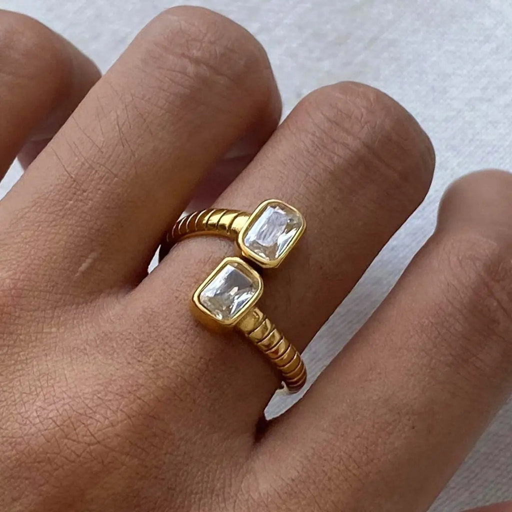 18K Gold Plated Pave Zircon Textured Open Ring Carryallco