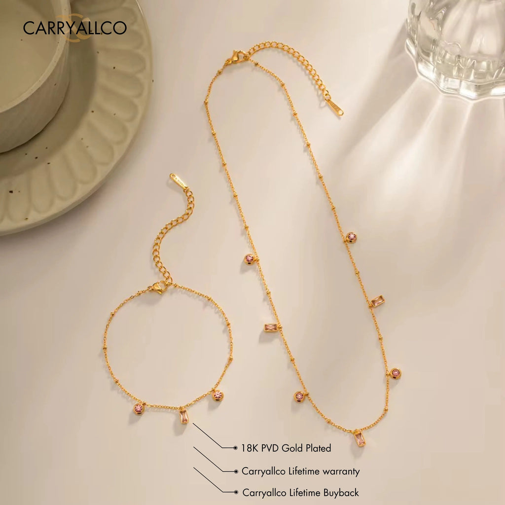 18K Gold Plated Pink Stone Bracelet & Dainty Necklace Set