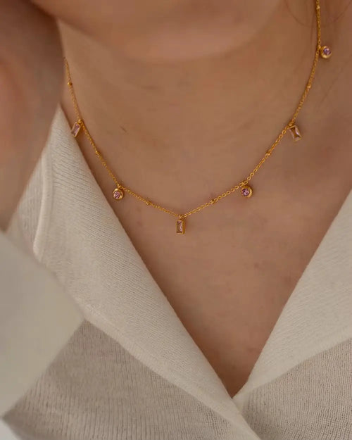 18K Gold Plated Pink Stone Bracelet & Dainty Necklace Set