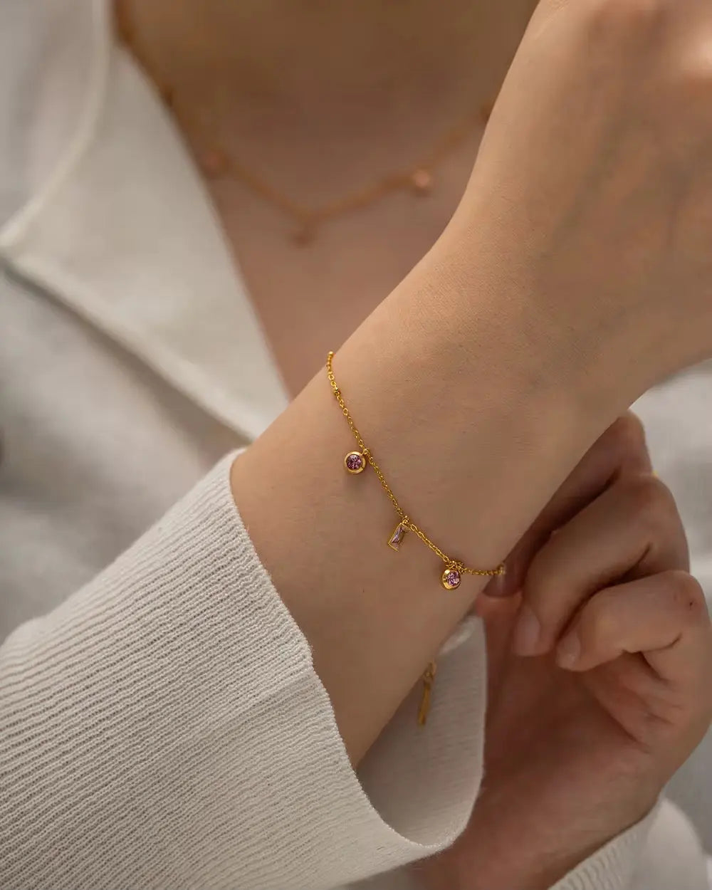 18K Gold Plated Pink Stone Bracelet & Dainty Necklace Set