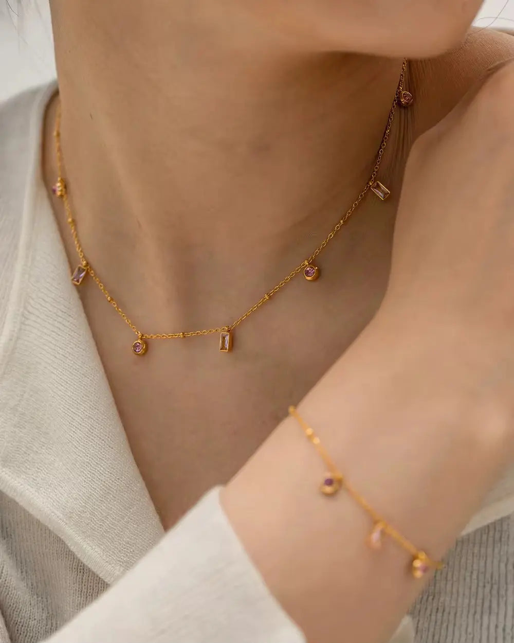 18K Gold Plated Pink Stone Bracelet & Dainty Necklace Set