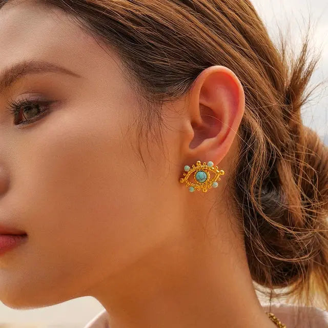 18K Gold Plated Turquoise Pearl Evil Eye Earrings