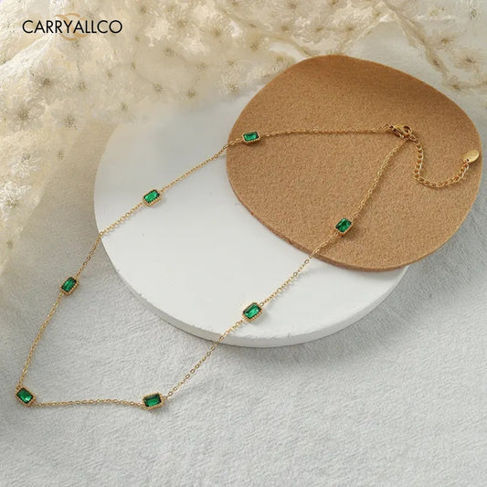 18K Gold-Plated Emerald Brilliant Cut Stone Necklace