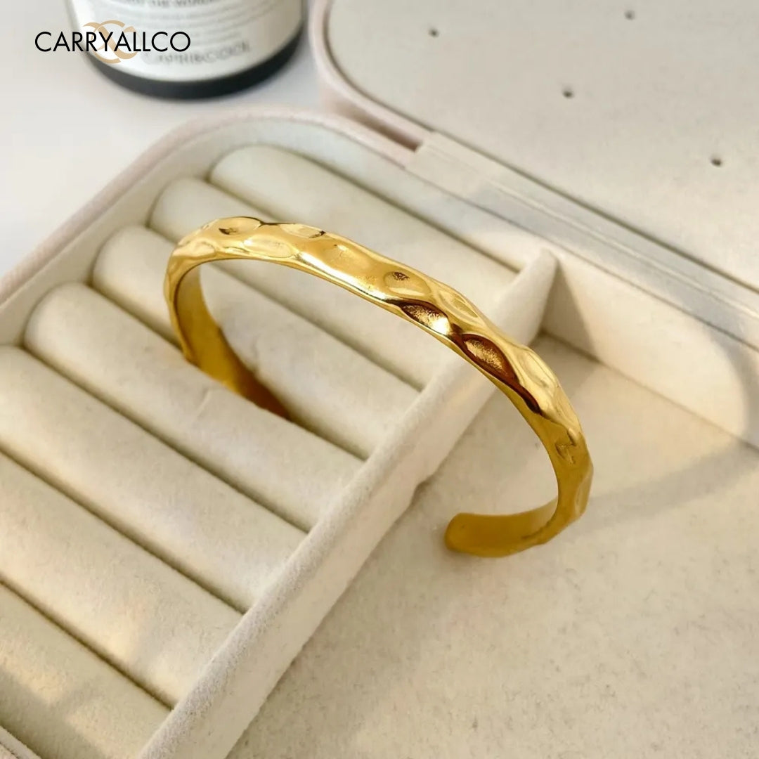 18K Gold Plated Hammered Cuff Bracelet – Textured Statement Bangle