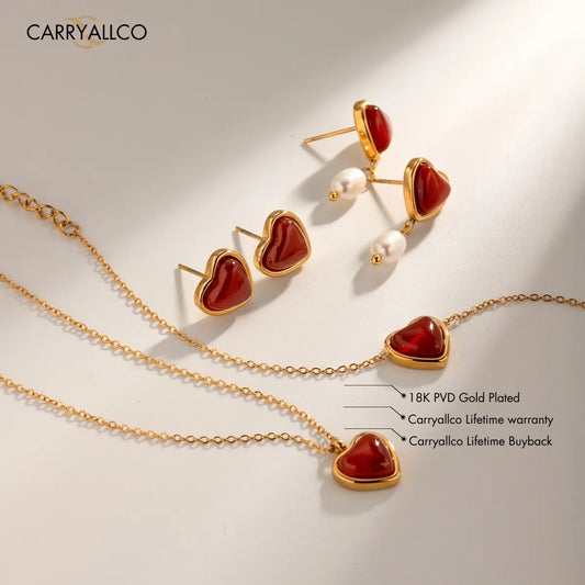 18K Gold-Plated Red Agate Heart & Pearl Jewelry Set