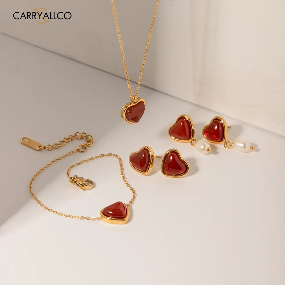 18K Gold-Plated Red Agate Heart & Pearl Jewelry Set