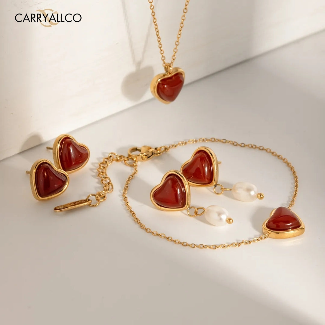 18K Gold-Plated Red Agate Heart & Pearl Jewelry Set