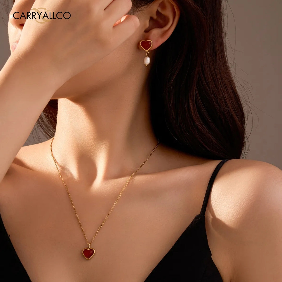 18K Gold-Plated Red Agate Heart & Pearl Jewelry Set