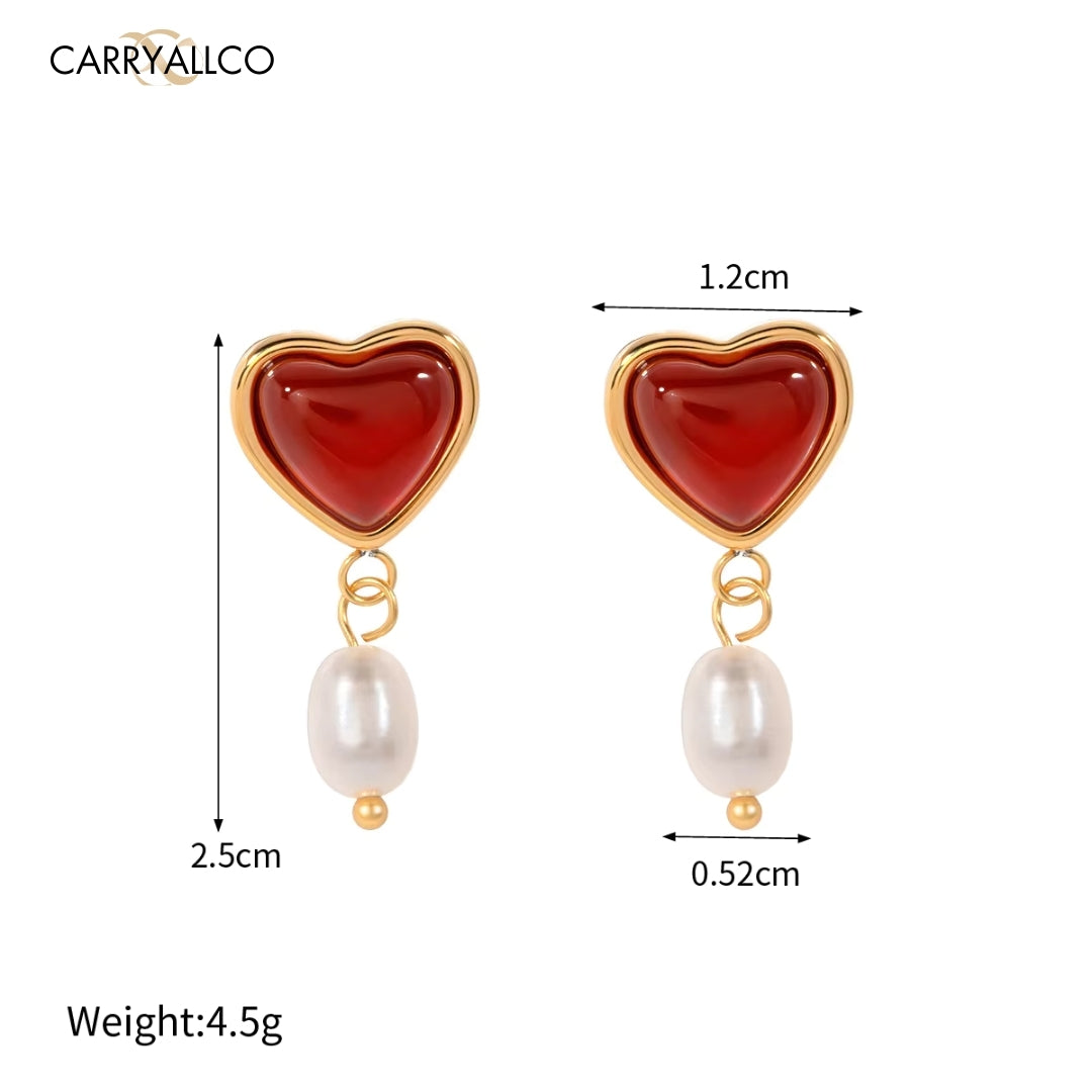 18K Gold-Plated Red Agate Heart & Pearl Jewelry Set