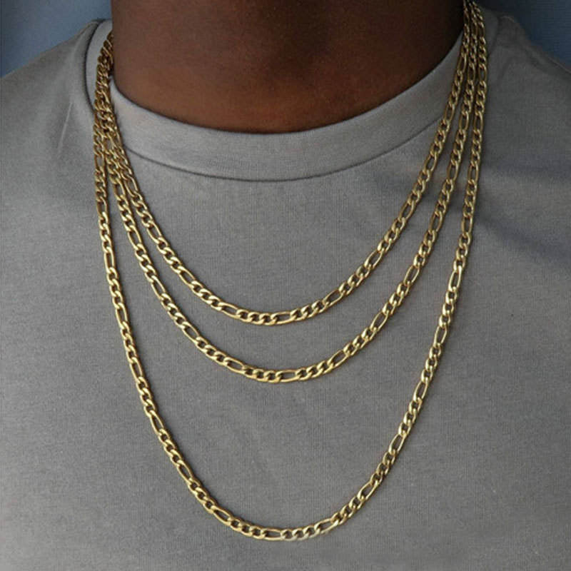 Gold chain necklace on a person wearing a gray shirt