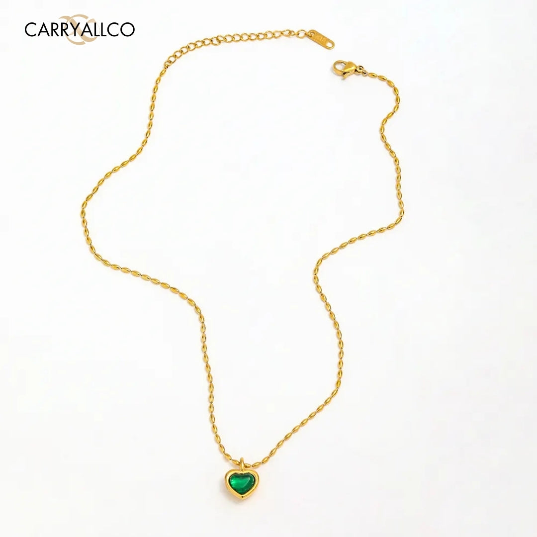 18K Gold Plated Green Agate Heart Pendant Necklace Carryallco