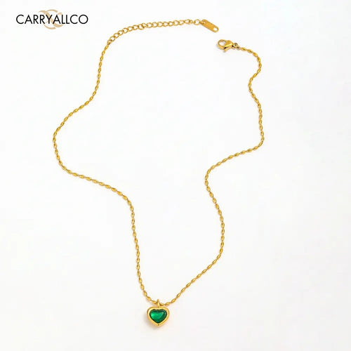 18K Gold Plated Green Agate Heart Pendant Necklace Carryallco