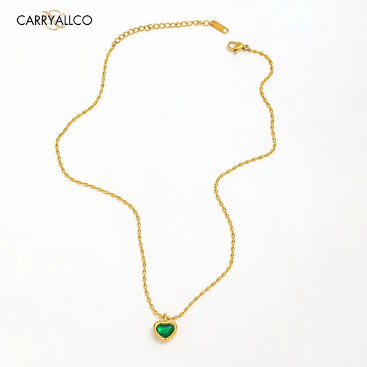 18K Gold Plated Green Agate Heart Pendant Necklace